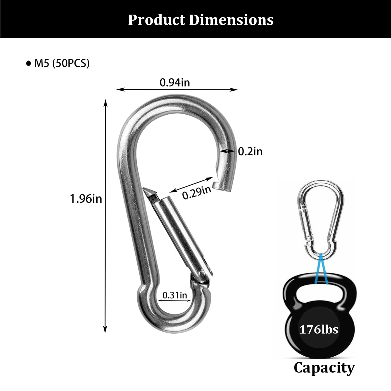 M5 - 50 ganchos de seguridad de 2 pulgadas, mosquetón de enlace rápido de 3/16 pulgadas para camping, senderismo, capacidad de sujeción de 175 libras, mosquetón de acero resistente, hebilla de