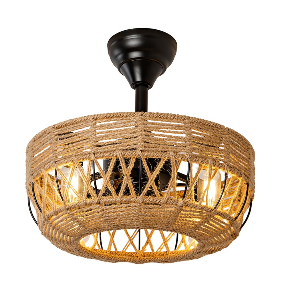 Boho Enclosed Ceiling Fans Light with Remote Control, 18" Indoor Rattan Caged Ceiling Fan with Lights Flush Mount for Living Room, Bedroom, Dining Room