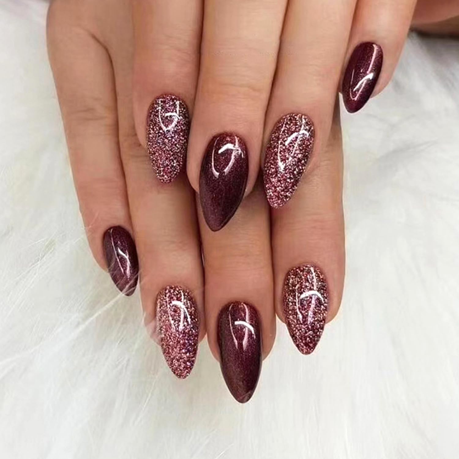 Gloss & Go 24 Reusable Artificial Fake Nail Set| Wine Color With Wine Glitter Almond Nails| Lightweight & Long Lasting| Easy To Use| Quick Fix For Festivals & Special Occasions