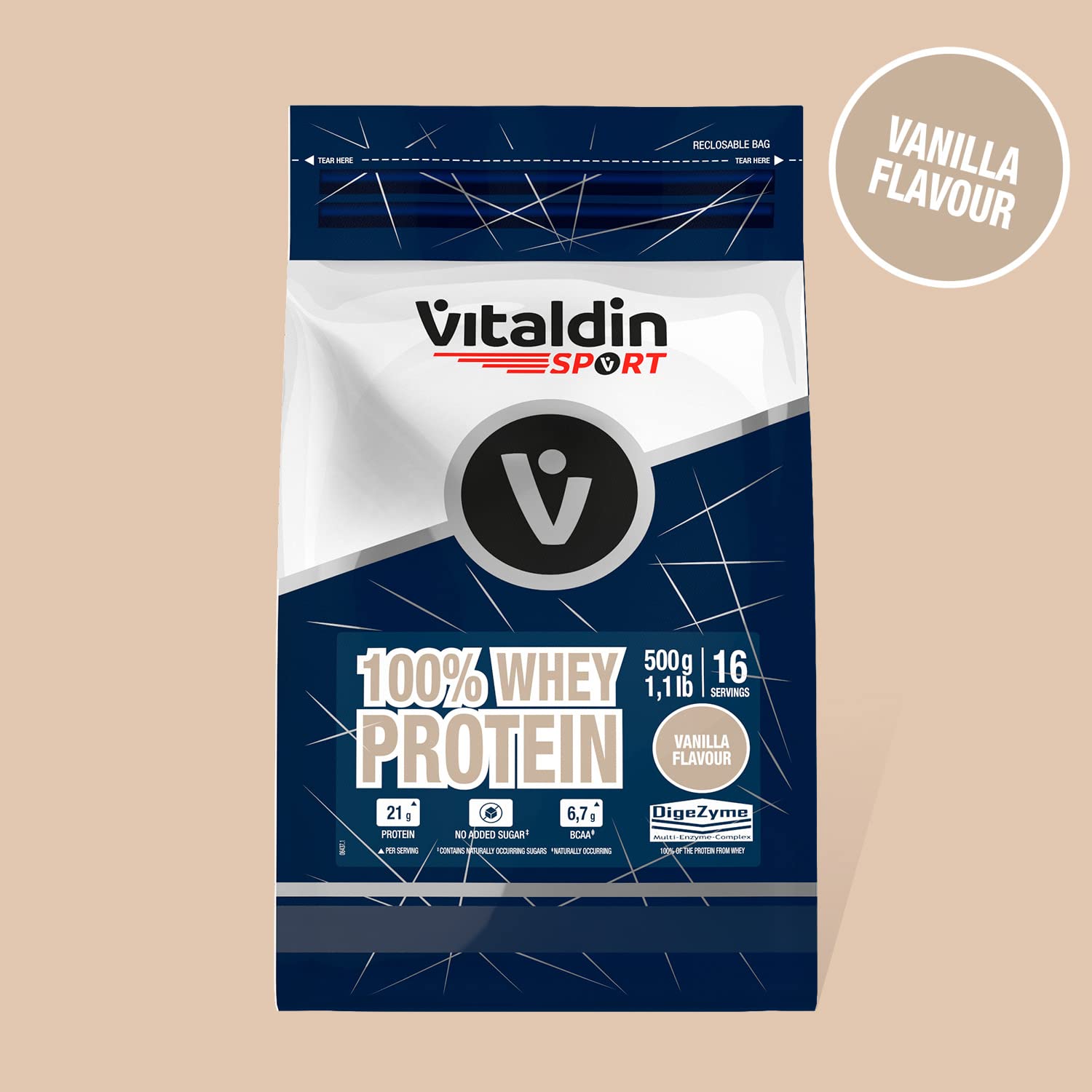 VITALDIN SPORT 100% Whey Protein Vanilla 500 g – 100% białko serwatkowe w proszku z Digezyme – budowa mięśni i regeneracja – smak waniliowy – 6,7 g BCAA na porcję – bez dodatku cukru