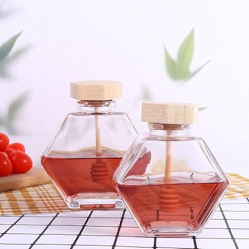 Miniatura 8 de 3 tarros de miel, botella de miel de vidrio hexagonal con varilla de agitación de madera, botella de embalaje de miel, contenedor de almacenamiento