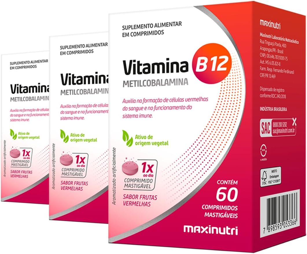 Kit 3 Vitamina B12 Maxinutri 60 Comprimidos Frutas Vermelhas