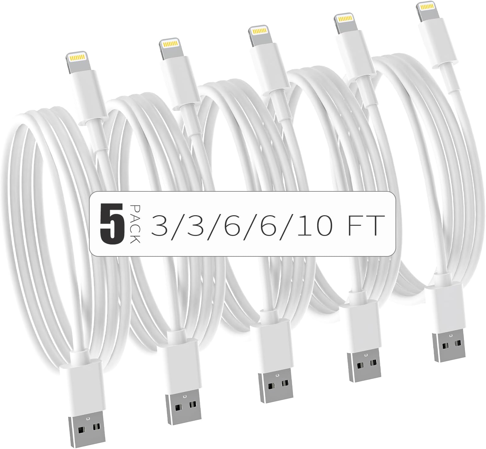 JJCALL iPhone Charger Cable [MFi Certified] 5Pack(3/3/6/6/10 FT) Lightning Cable Fast Charging Cord iPhone Charging Cable Compatible iPhone 14/14 Pro/Max/13/12/11 Pro Max/XR XS Mini 8 7 Plus iPad