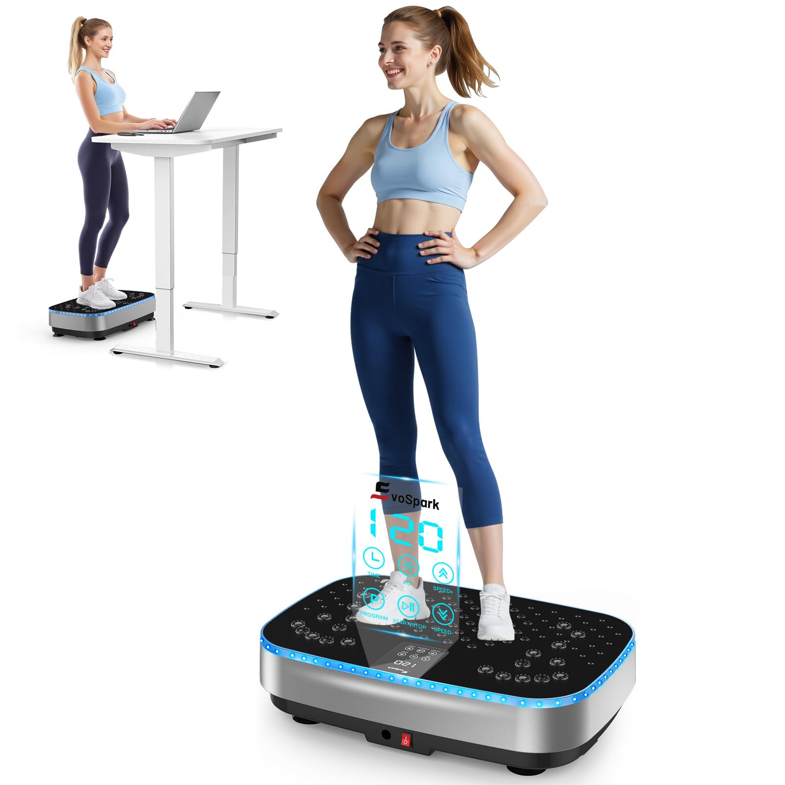 Vibration Plate Exercise Machine, New EvoSpark Vibration Plate with 9 Colors LED Atmosphere Lights, 2 in 1 Brushless Motors Vibration Plate for Lymphatic Drainage,Whole Body Vibrate Fitness Platform