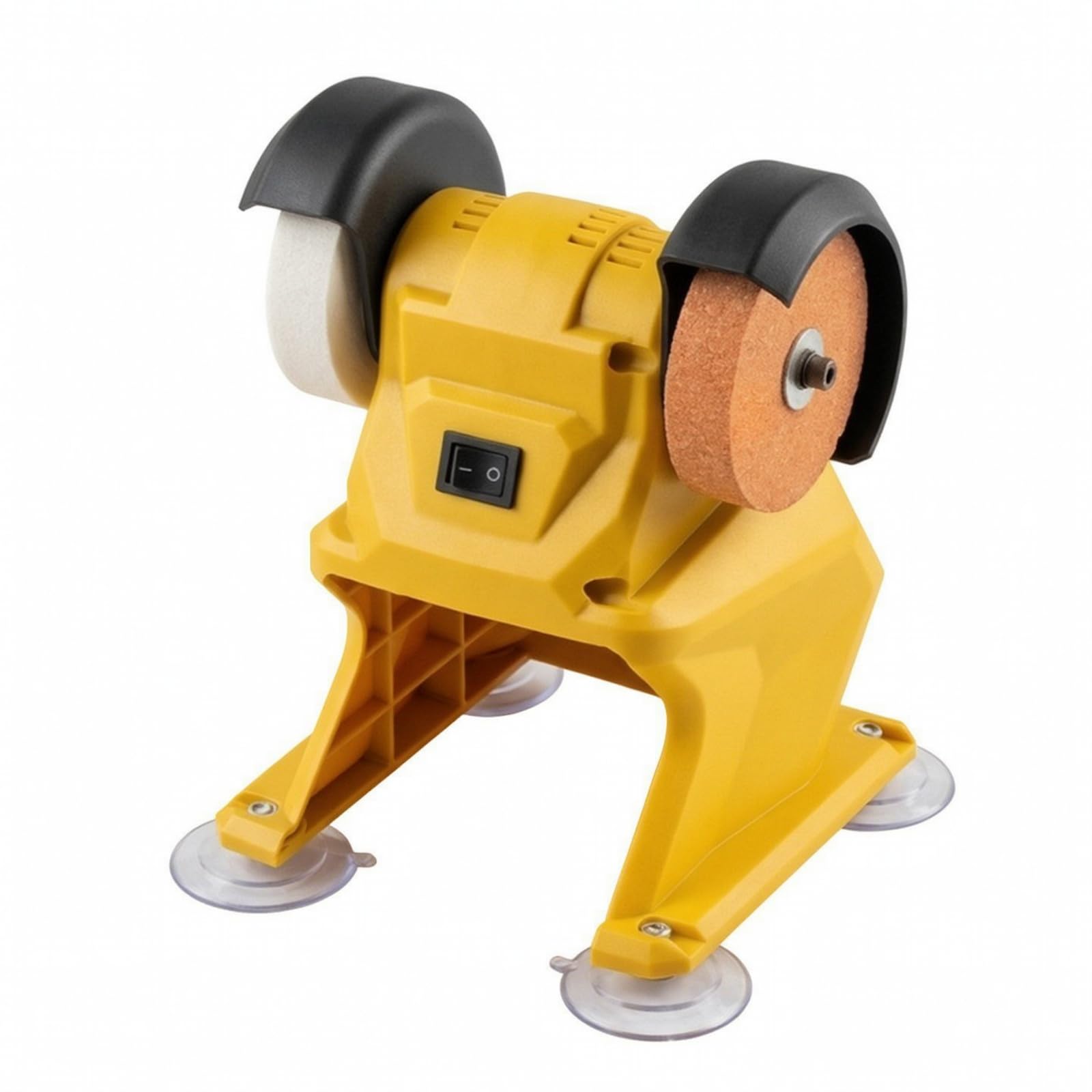 Smerigliatrice da Banco Doppia Ruota Abrasiva Affilatrice Levigatrice con Protezioni E Interruttore Frontale Base Stabile con Ventose Corpo Compatto E, Giallo, style to 3