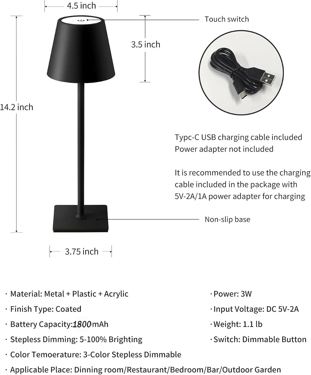 2 pezzi Lampada da Tavolo a Batteria a Forma di Fungo LED Dimmerabile Lampada da Tavolo per Interni Senza fili Ricaricabile Alimentata a Batteria Luce Notturna per Comodino Per Interni,Nero