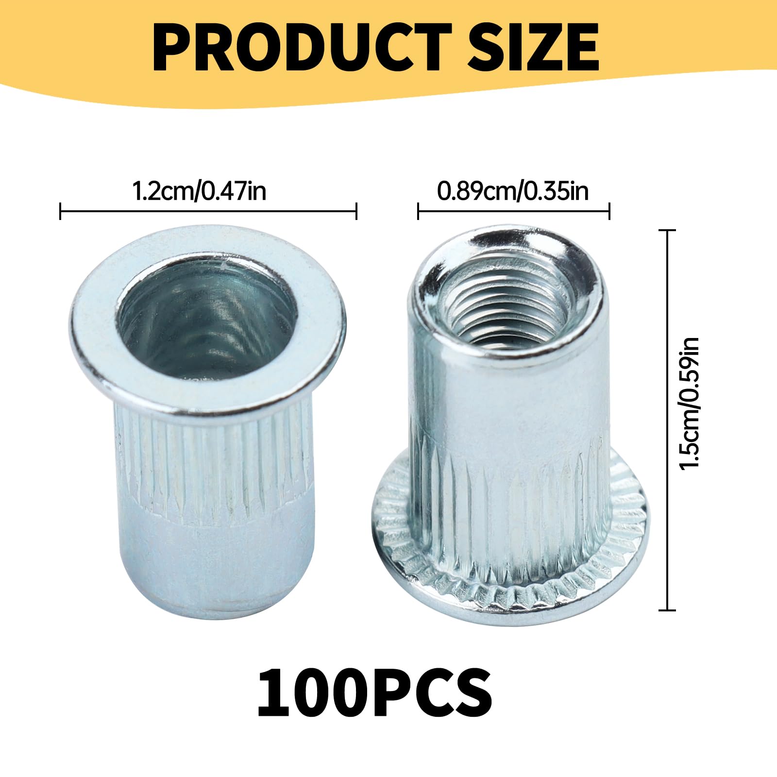 100 dadi rivettati, rivetti metrici, dadi rivetti M6 a testa svasata, filettatura Rivet Nutsert testa piatta con scatola, M6 rotondi, rivetti filettati per pannelli di plastica in metallo