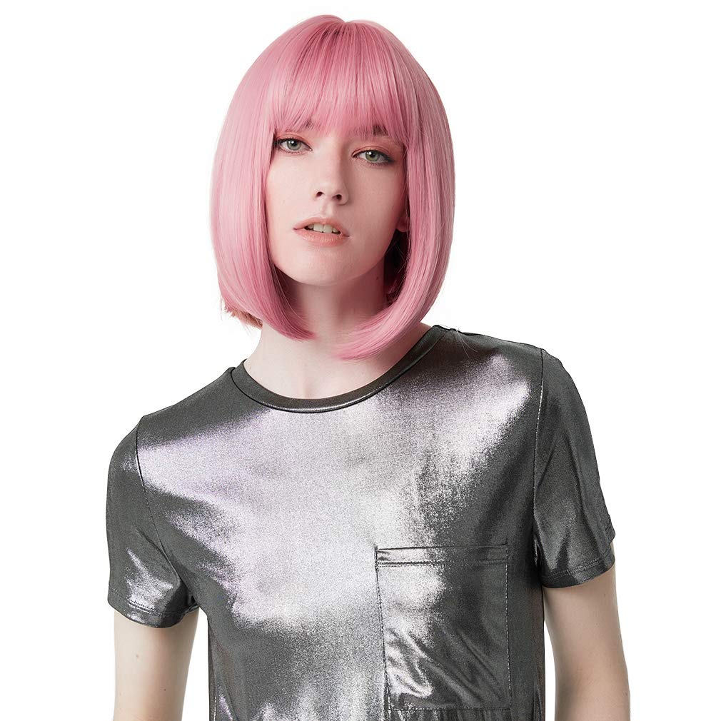 REECHO 11" Short Bob Wig with bangs Cosplay Synthetic Hair for White Black Women Color: Princess Pink - Image 4