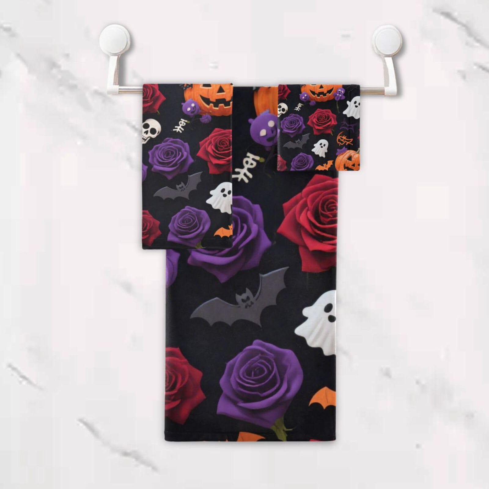 Halloween zucca gialla fiori rosa asciugamani decorativi Set 3 pezzi, 1 asciugamano da bagno 1 asciugamano mani 1 panno per il corpo viso bagno