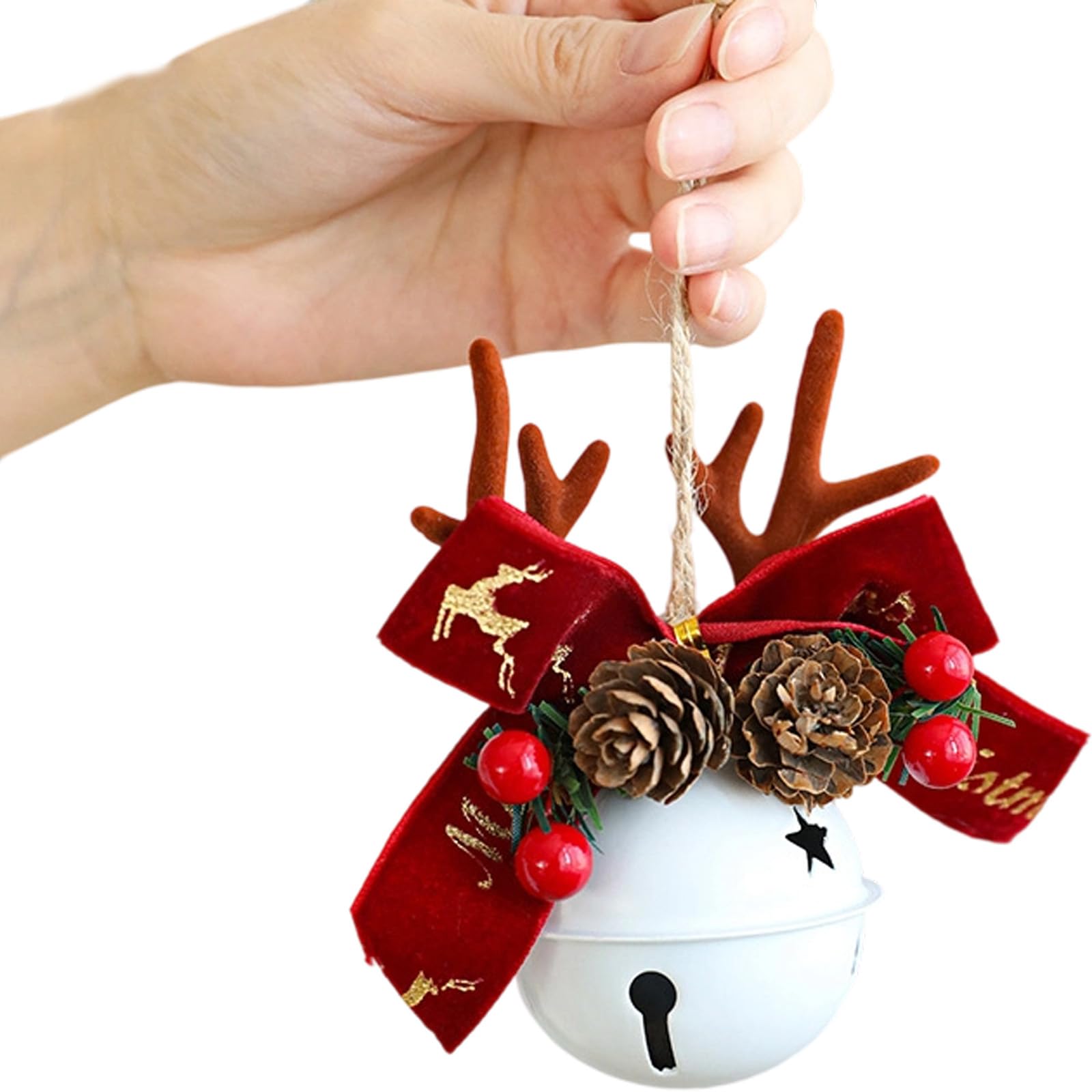 Christmas Tree Decorations Metal Bells with Antlers Pinecone Fabric Accent for Decorations with Antlers Pinecone