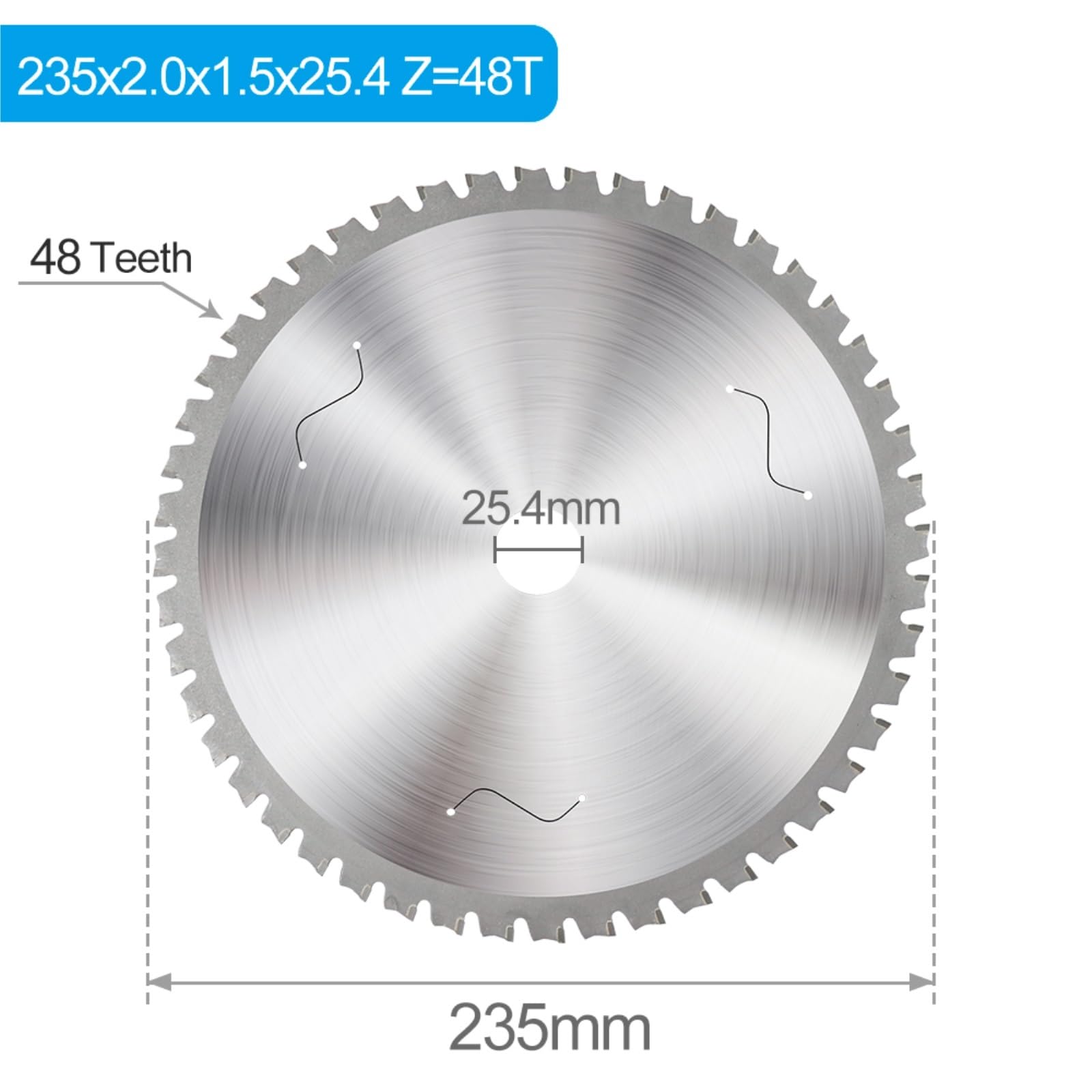 Metalowa tarcza tnąca, 136, 150, 165, 180, 200, 230, 305, 355 mm, do metalu, aluminium, żelaza, stali, węglika (235 x 2,0 x 1,5 x 25,4 x 48 T)