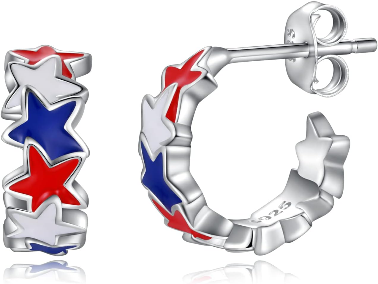 Silver USA American Flag Earrings - Patriotic Star Ears Stud Fourth of July Windmills Independence Day Hoop Jewelry Gift for Women Veterans