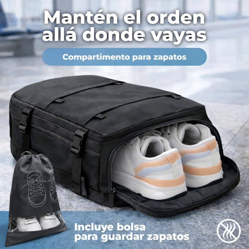 Mochila Viaje Cabina Avion 40x20x25 compatible con Aerolineas Maleta Cabina con apertura 180°, puerto USB y compartimentos organizados Mochila Viaje ligera impermeable Mochila Mujer (Negro)