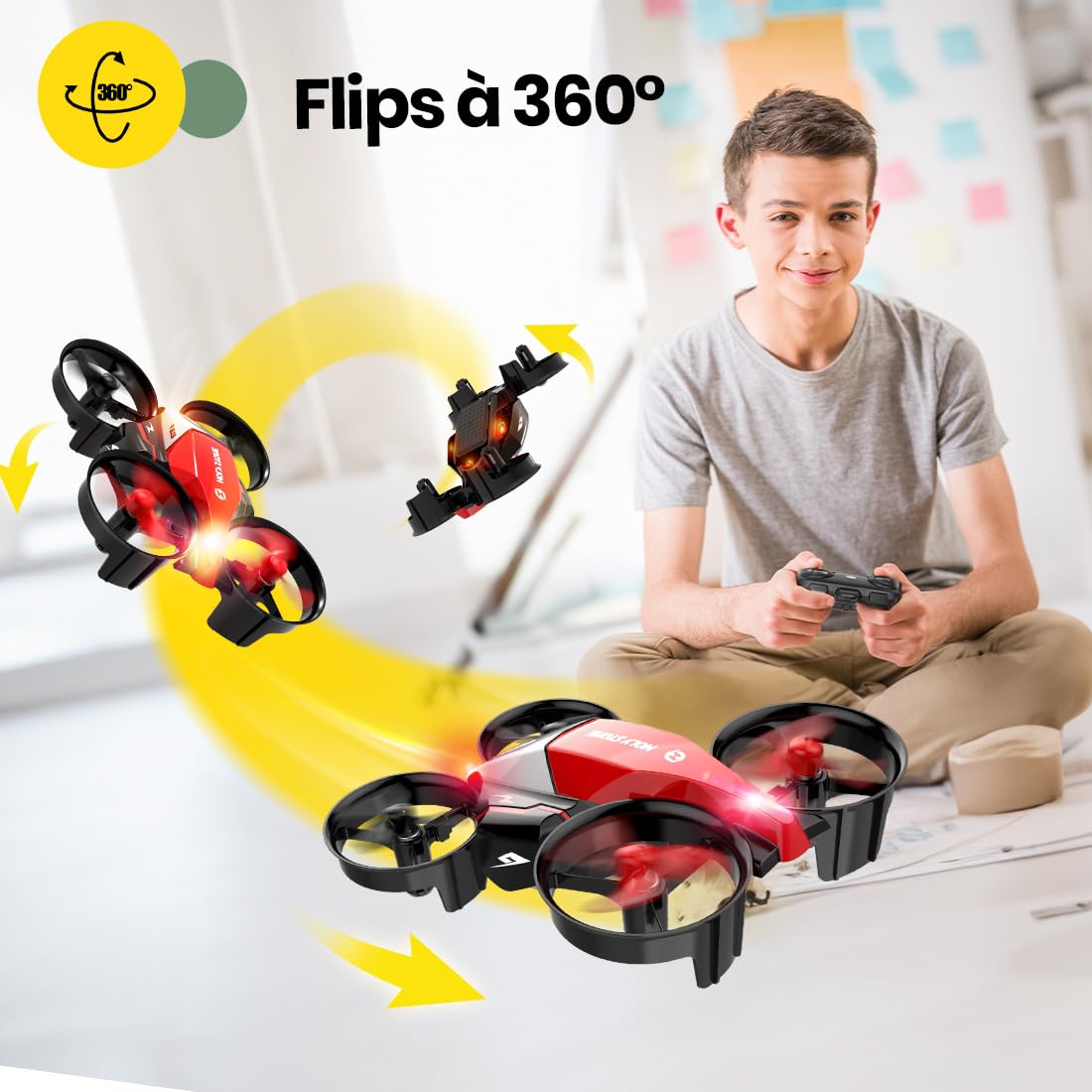 Holy Stone HS210F Mini Drone pour Enfants, RC Quadcopter 2-en-1 d'intérieur avec Lumières LED, Décollage/Atterrissage, 3D Flip, 2 Batteries Modulaires Sécurisées, Cadeau pour Garçons et Filles