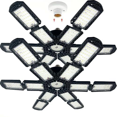 Image of PINSAI 2 Packs LED Garage Light,Super Bright Screw in E26/E27 Ceiling Shop Work Lamp, 280W 30000 Lumen Deformable Basement Bulb Fixture with 12+1 Adjustable Panels, Lighting for Workshop, Attic