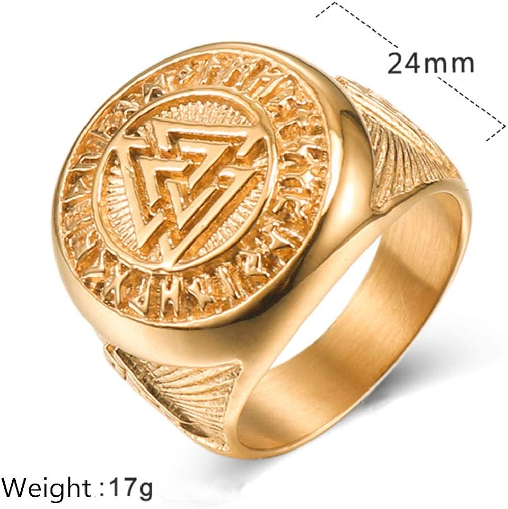 HIJONES Men's Stainless Steel Valknut Norse Viking Odin Symbol Ring Warrior Signet Biker Band Full Gold 10