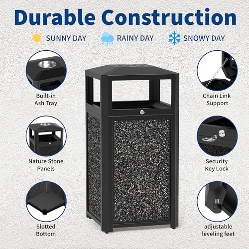 Image of 40 Gallon Commercial Outdoor Trash Can with Lid & Top Tray, Heavy-Duty Powder-Coated Steel Garbage Receptacle with Galvanized Metal Liner, Stone Panel Design for Park, Mall & Public Spaces