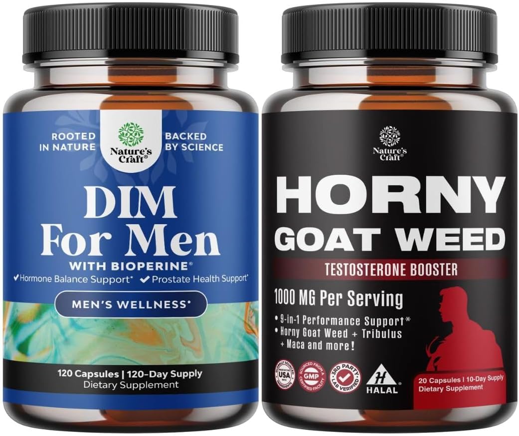 Bundle of DIM Supplement for Men - DIM Estrogen Blocker for Hormone Balance & Prostate Health and Horny Goat Weed with Tongkat Ali Saw Palmetto Extract Panax Ginseng & Maca Root for Stamina & Energy