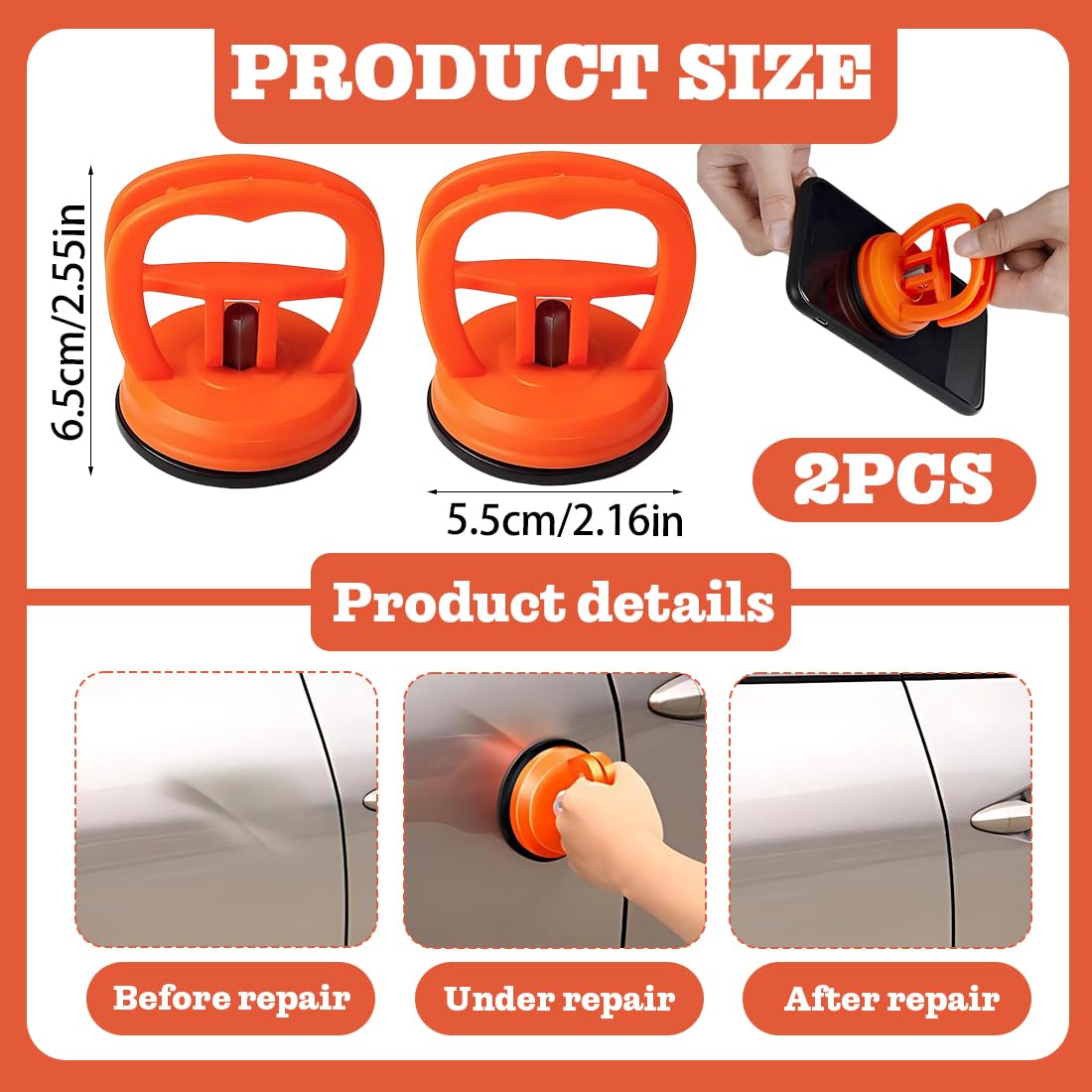 Ventosa Per Carrozzeria Auto 2 Pezzi, Kit Riparazione Ammaccature Con Ventosa Forte Arancione, Estrattore Per Rimuovere Ammaccature Rapidamente Misura Standard