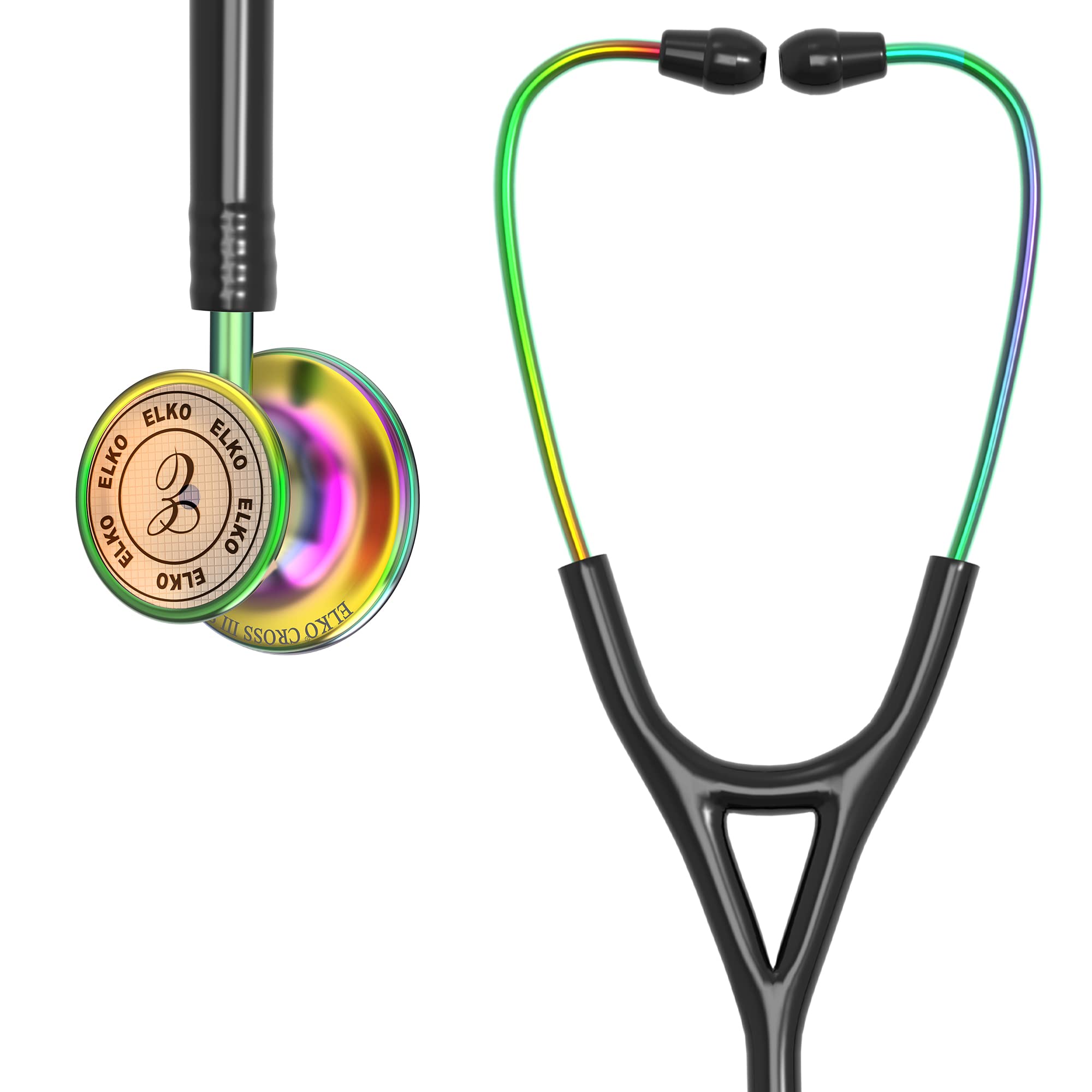 ELKO EL-190 Rainbow edition CROSS III SS stainless steel dual head acoustic stethoscope | Adult & Pediatric Stethocope with Double-sided Rainbow Chestpiece | Two-Way PVC Tubing | Doctors & Medical Students (Black)