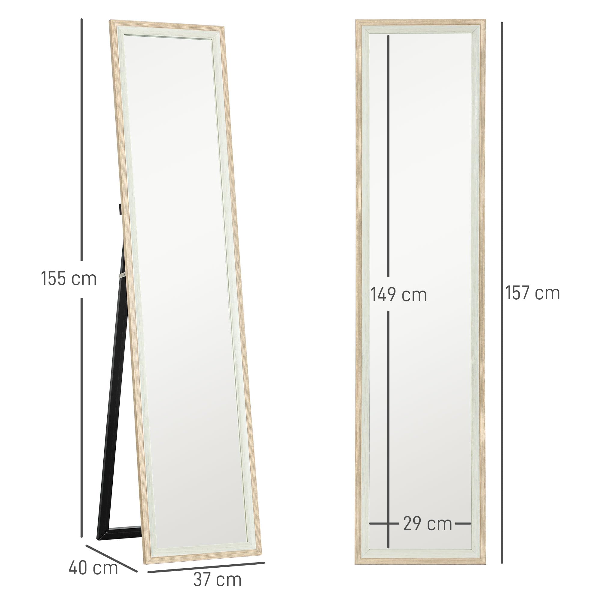 HOMCOM Specchio da Terra Moderno a Figura Intera, Specchio da Parete e Autoportante Bicolore per Camera da Letto e Ingresso, 37x157 cm, Bianco e Legno