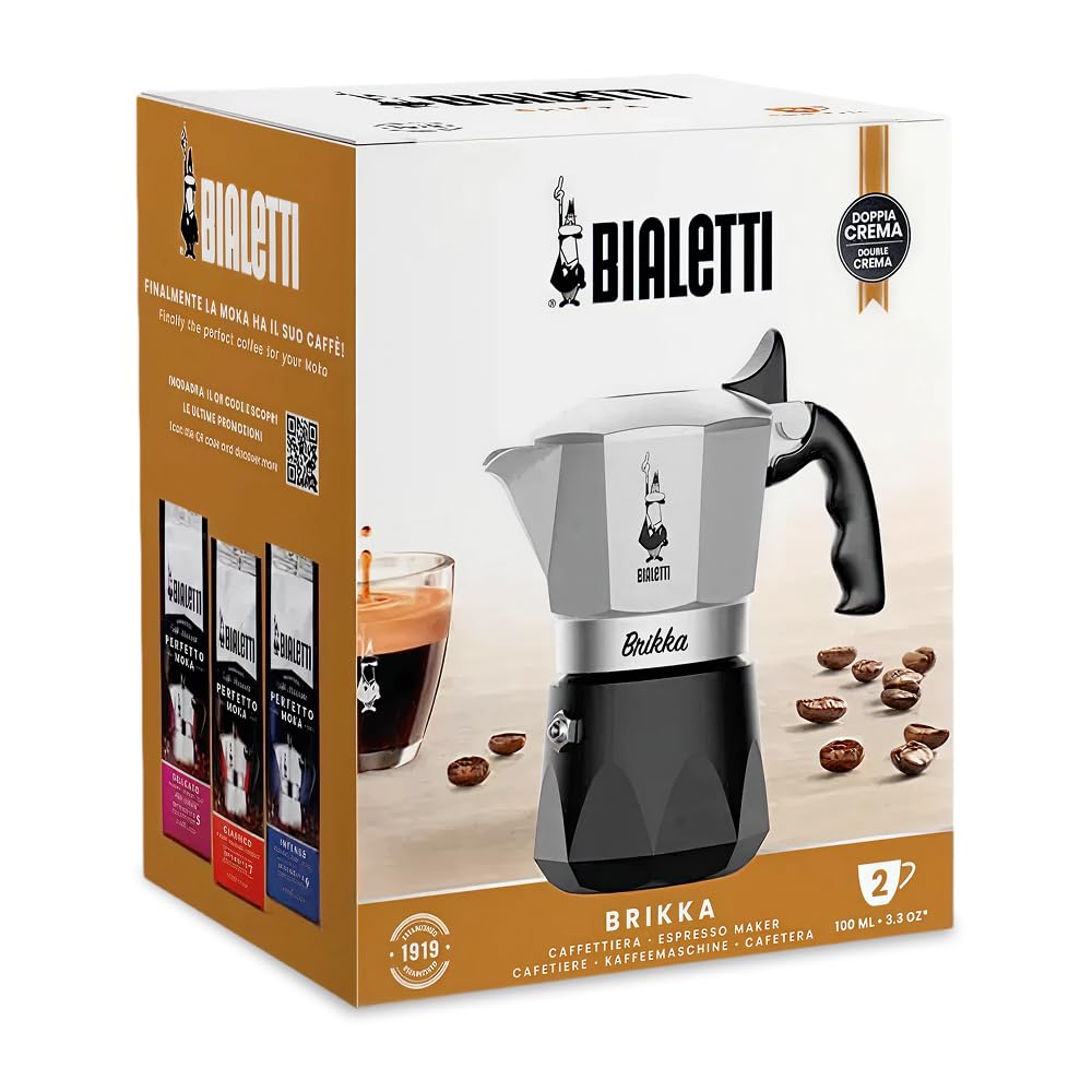 Bialetti New Brikka 2023, Moka-Kanne, die einzige Herdkaffeemaschine, die in der Lage ist, einen Cremereichen Espresso Zuzubereiten, 2 Tassen, Aluminium