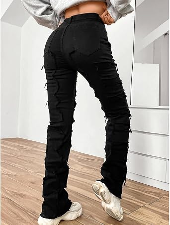 Women Ripped Stacked Jeans Distressed Straight Leg Denim Pants