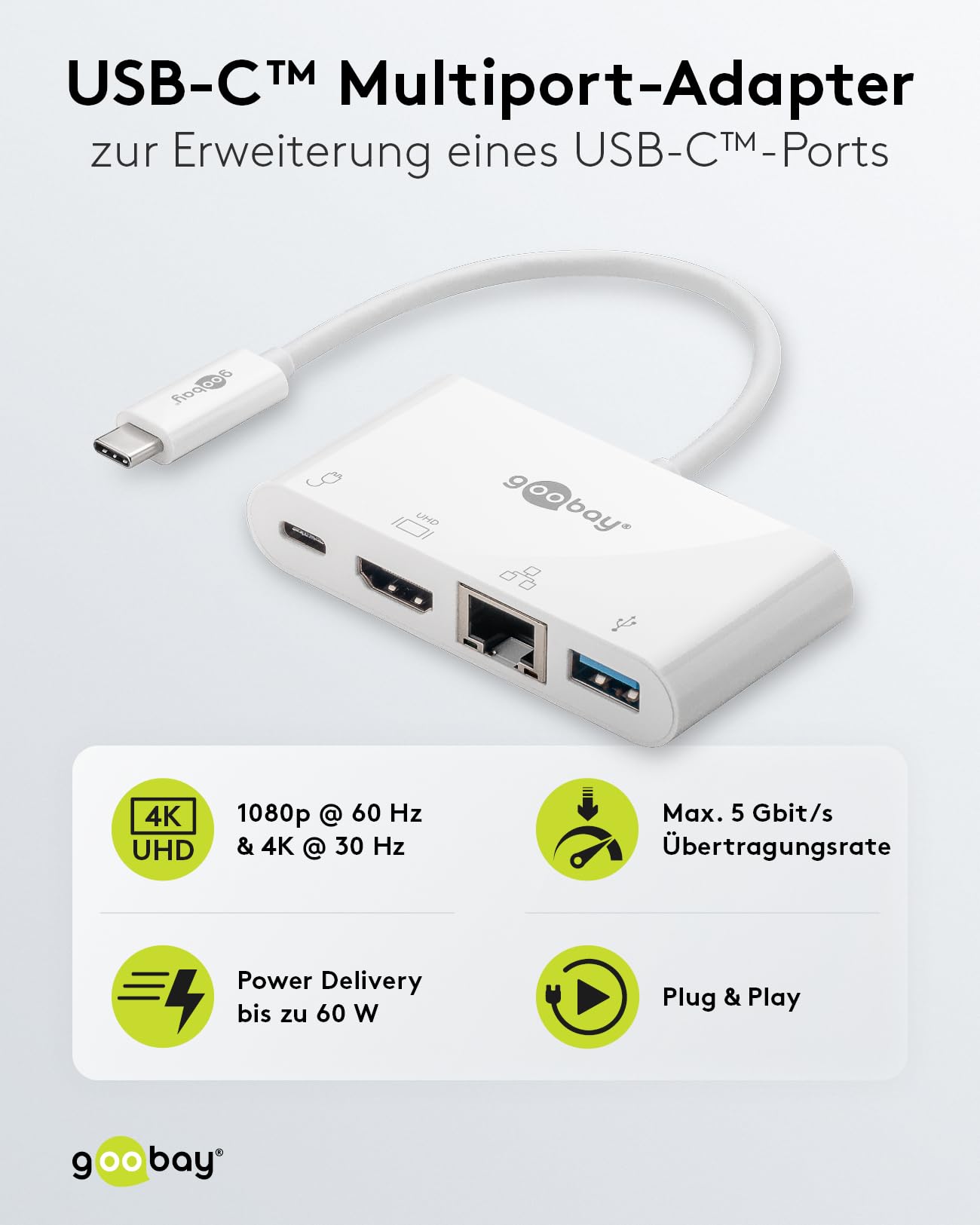 Goobay 62105 USB-C USB-C, USB 3.0, RJ45, HDMI Blanco adaptador de cable - Adaptador para cable (USB-C, USB-C, USB 3.0, RJ45, HDMI, Macho/Hembra, 0,15 m, Blanco)