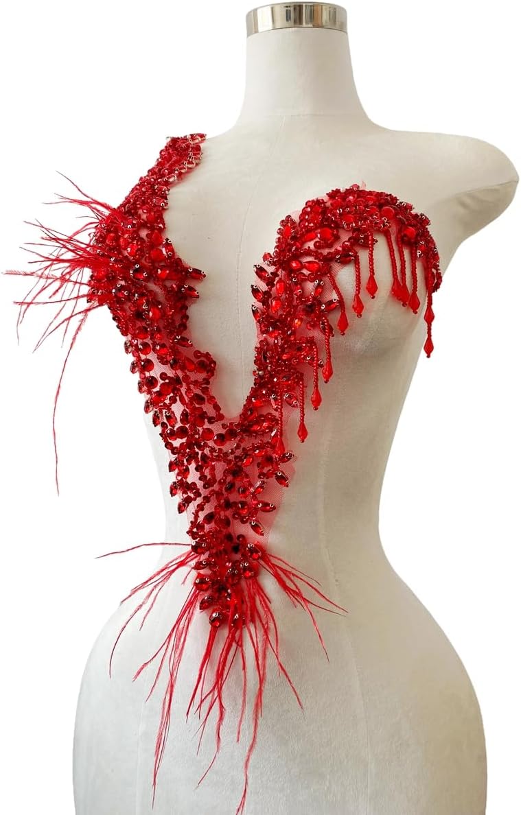 Unique Feather Fringe Decorative Appliques Pure Hand-Sewing Beads Rhinestones Trim Patches for Luxurious Design of Dress Clothing (Red)