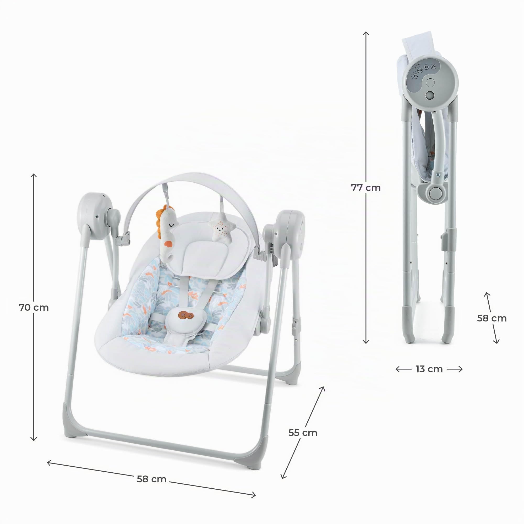 Kinderkraft SWINGEE - Balancín eléctrico para bebé con función oscilante, temporizador integrado, respaldo ajustable, 8 melodías de tranquilidad integradas, ligero y plegable, color gris