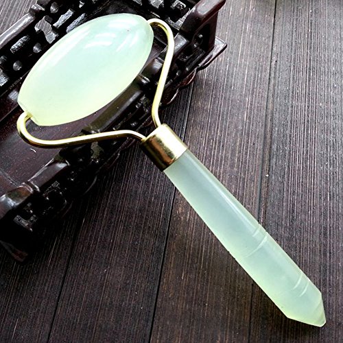 SENREAL 100% Natural Beautiful Polished Green Jade Gemstone Facial Beauty Massage Roller Stick Face Neck Healing Slimming Massager Wand Anti