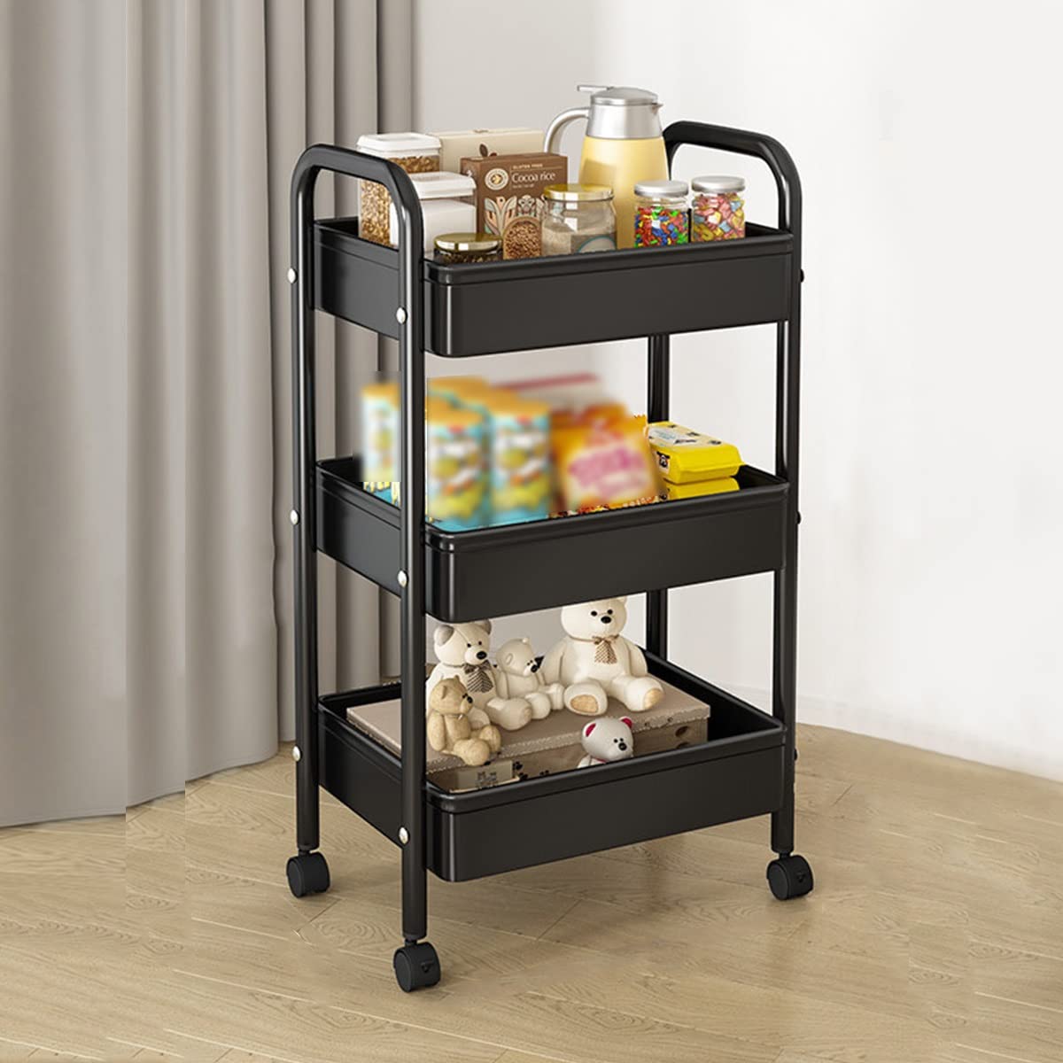 Carrito rodante de metal de 3 niveles con cestas de malla y asa, almacenamiento versátil con ruedas para manualidades, cocina, oficina y uso doméstico (negro)