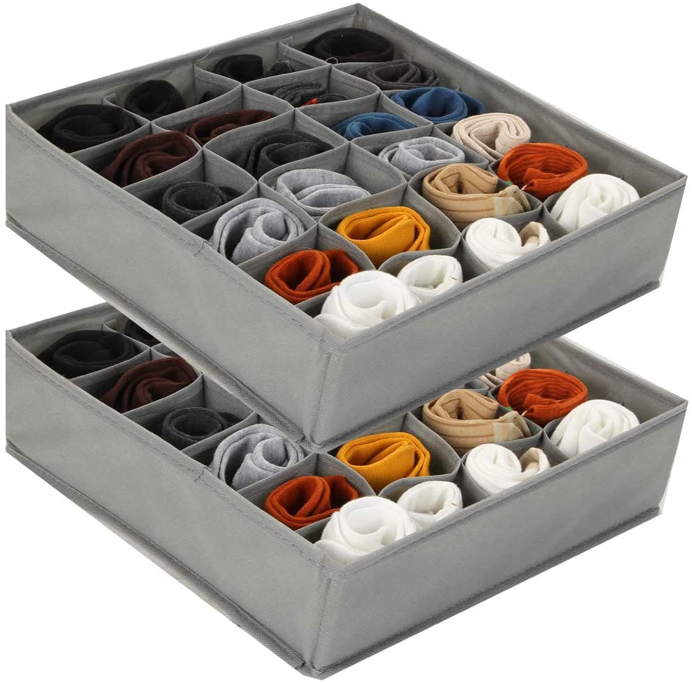SKYFUN (LABEL)2-Pieces Clothes Drawer Organizers Divider, Foldable Wardrobe Organizer, Baby Drawer Underwear Storage Boxes for Bras, Baby Clothes, Socks, Ties (Set Of 2-Grey)