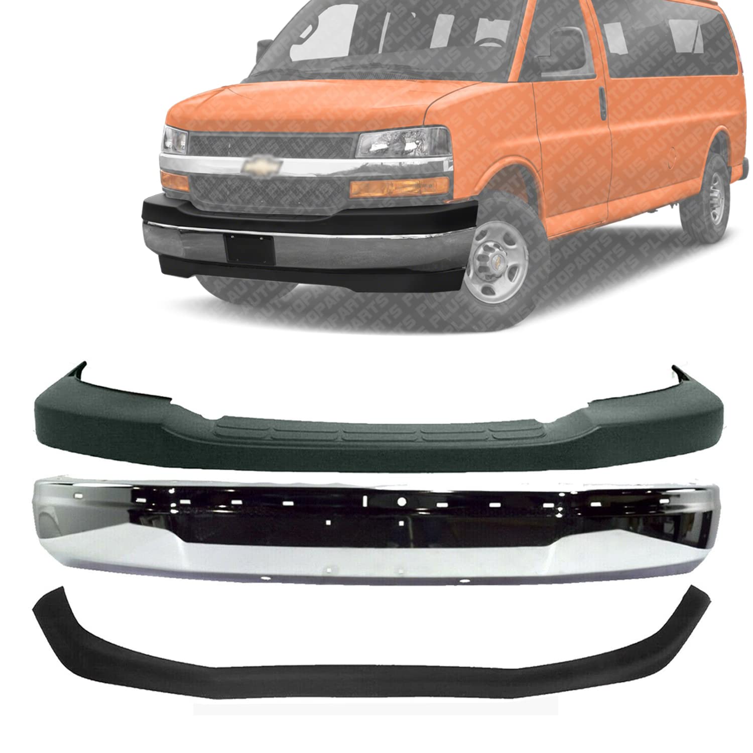 New Front Bumper Face Bar Chrome + Upper Cover + Lower Valance Textured Direct Replacement For GMC Savana/Chevrolet Express 1500 2500 3500 2003-2017 22890548 19303361 25758613
