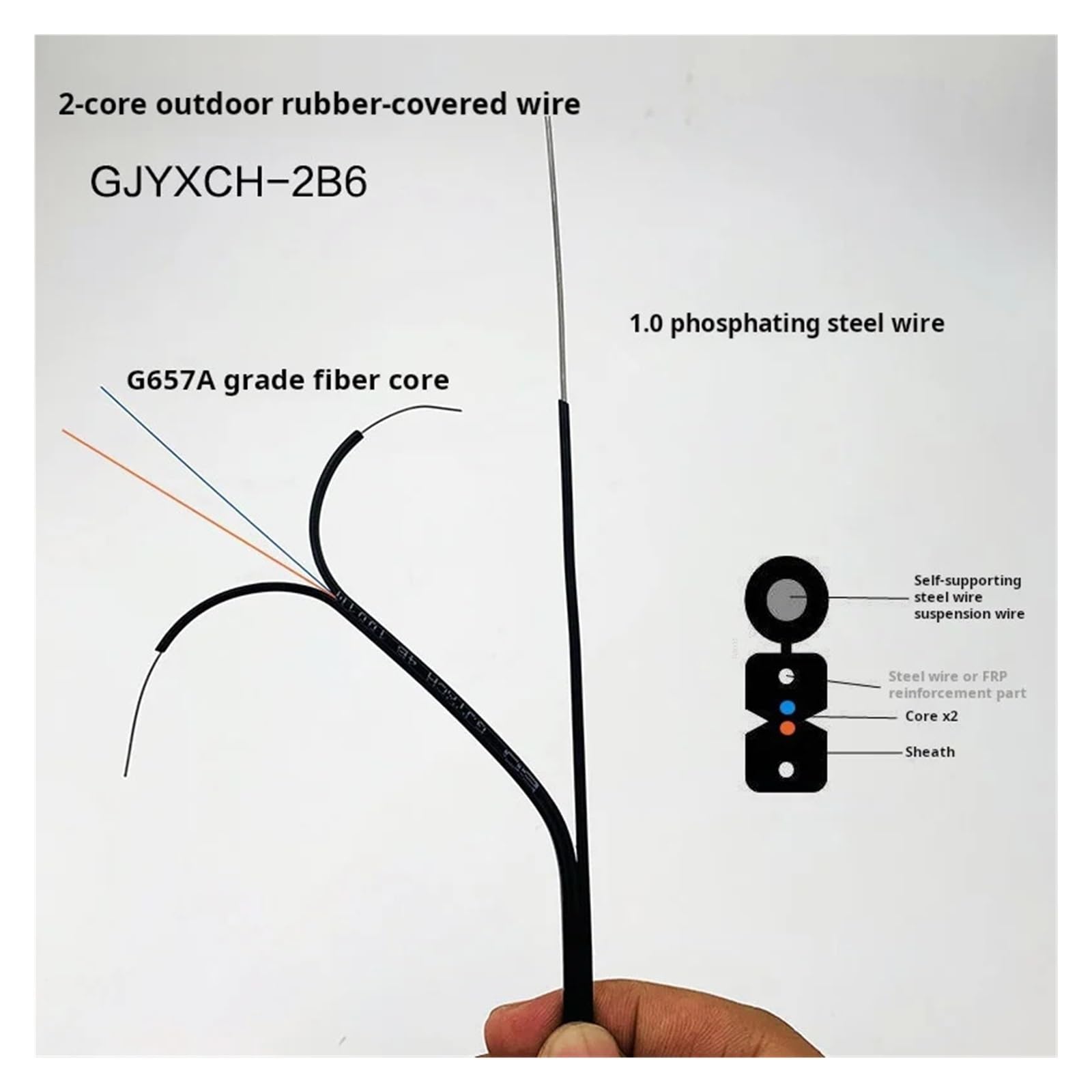 Cable de fibra óptica for exteriores, latiguillo de fibra, 1/2/4 núcleos, 3 hilos de acero, monomodo, sin conectores, 50 m(2 Cores)