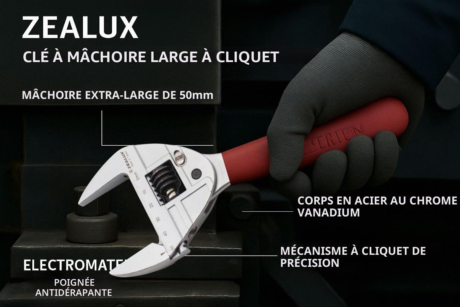 Zealux Clé à cliquet 50 mm – Acier au chrome vanadium, résistant à la rouille, poignée ergonomique pour une utilisation facile