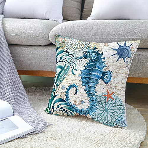Hhocn 4 Pieces Sea Pillow Cover Seahorse Whale Starfish Turtle Blue Ocean Square Throw Pillow Case Sofa Bed Couch Throw Cushion Cover Decoration (18" X 18") #TOP5