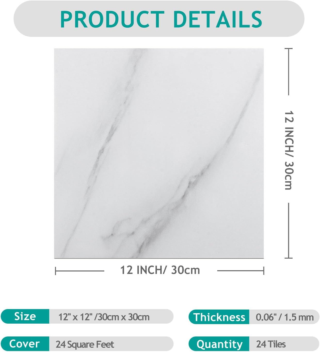 VEELIKE Peel and Stick Flooring Tiles Waterproof White Bathroom Floor Tile Ceramic Marble Laminate Flooring Grey Vinyl Floor Tiles 12''x12'' 24 Pack Adhesive Vinyl Stickers for Kitchen Bedroom Floor