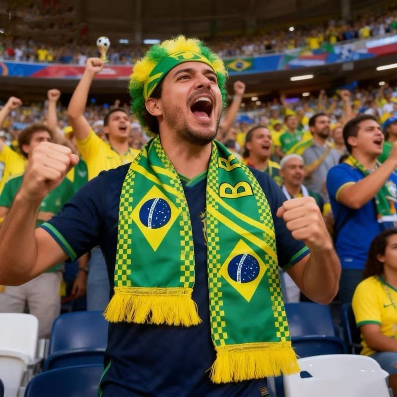 World Cup Soccer Fan Scarf, Machine Washable Durable Design with National Team Colors, Ideal for Games, Tournaments, Photo Props & Casual Attire (Brazil)