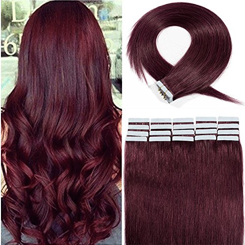 S-noilite Tape in Hair Extensions 18 Inch 30g 20pcs 100% Remy Human Hair Double Sided Rooted Seamless Skin Weft Tape on Natural Hair Extension Wine Red #99J
