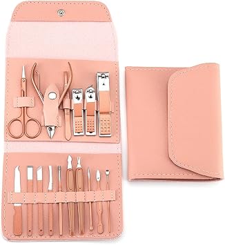 16pcs Nail Cutter Set Stainless Steel Nail Clippers Set with Folding Bag Manicure Cutter Kits Scissors Beauty Tool,Pink