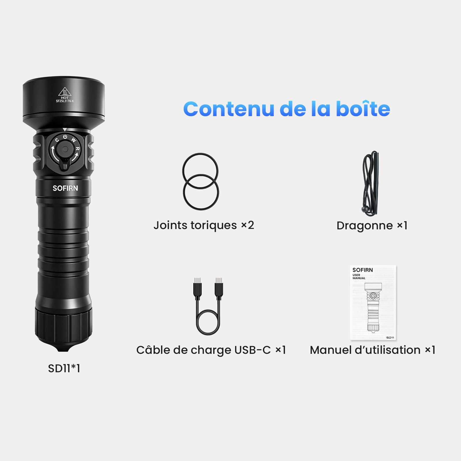 Sofirn SD11 Lampe de Plongée, 5000LM, CRI 90, Lampe de Poche Rechargeable avec Lumière Rouge 660NM, 3000K-6500K, USB-C, IPX8, avec Filetage de 1/4" et Laisse de Sécurité, pour Photographie Sous-Marine