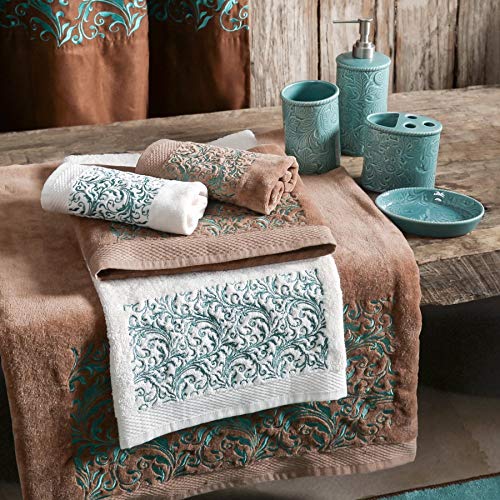 Image of Paseo Road Wyatt 3 Piece Western Rustic Bathroom Towel Set, Mocha Turquoise Southwestern Themed Towels with Scroll Embroidery, Lodge Bath Towel, Hand Towel and Finger Towel