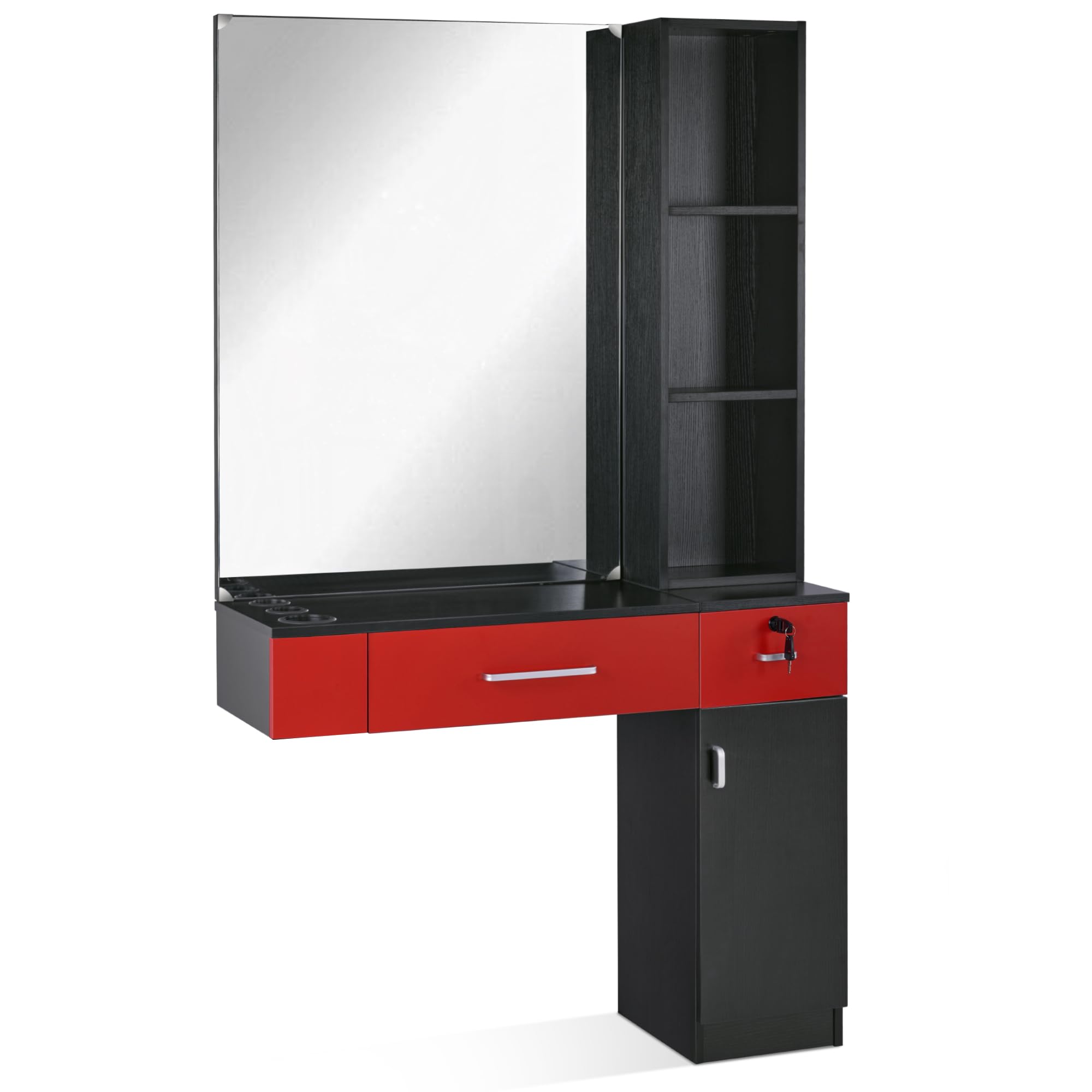 BarberPub Wall Mount Salon Station with 3 Hair Dryer Holders Hair Styling Station with Mirror Beauty Salon Spa Equipment Set 3026 (Right Shelf)…