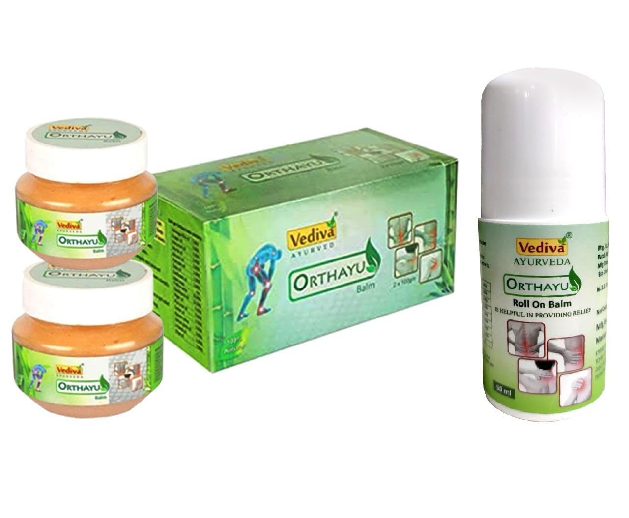 vediva Orthayu Balm with orthayu pain relief roll on it help to Knee Pain I Back Pain I Shoulder Pain I Muscles Pain100gm_pack-3_ayush approved color-brown.