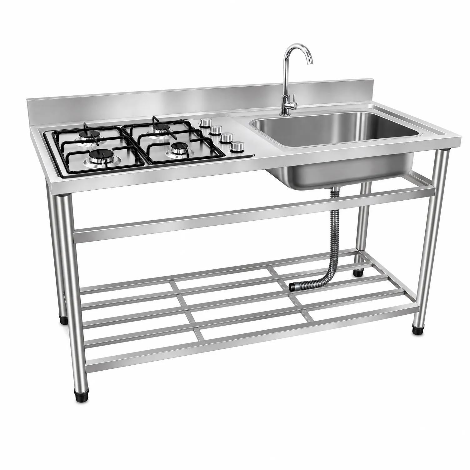 GrecoShop Lavello Cucina da Esterno in Acciaio Inox con Piano Cottura 4 Fuochi, Vasca con Gocciolatoio Reversibile, Fontana Inclusa, Mensola Inferiore e Tubo di Scarico, Cucina Outdoor 150 cm