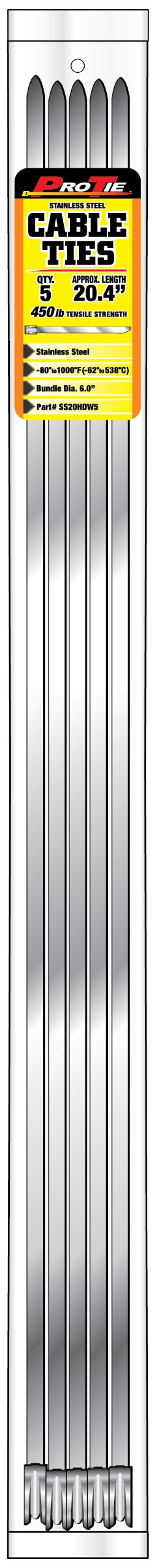Pro Tie Heavy Duty Wide Stainless Steel Cable Ties for Indoor and Outdoor Use, 316 Marine Grade Stainless Steel | 20.4-Inch, 100 lbs. Tensile Strength, 5-Pack (PN: SS20HDW5)