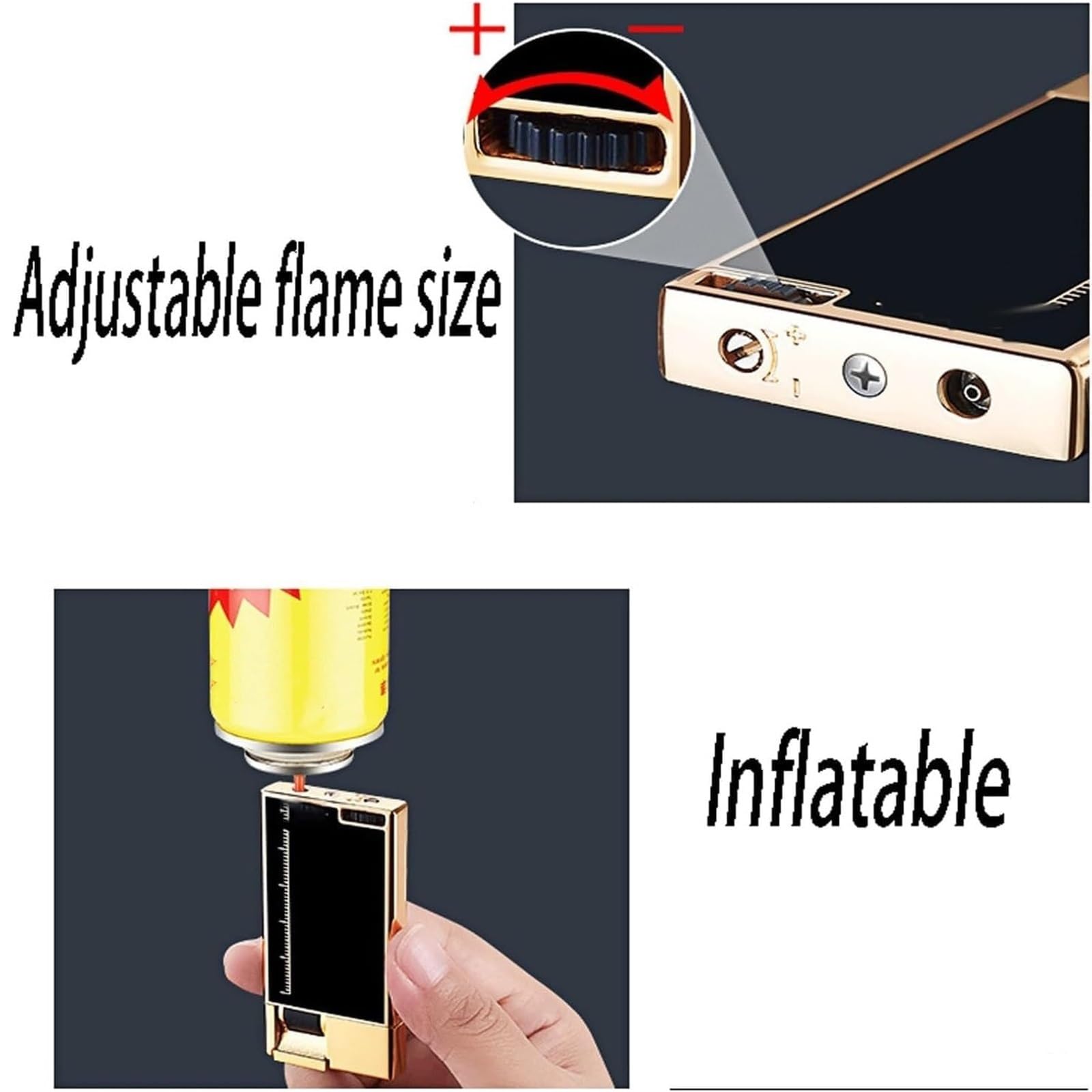Encendedor de butano, llama ajustable, recargable, cuerpo de metal, resistente al viento para barbacoa, velas, uso al aire libre, gran regalo para hombres