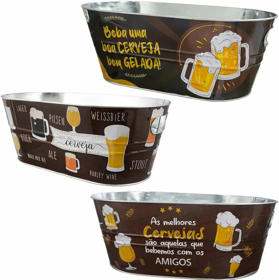 Balde de Cerveja Oval 8L em Metal Galvanizado com Estampas Sortidas – Conserva Bebidas Geladas por Mais Tempo em Churrascos, Happy Hour e Reuniões