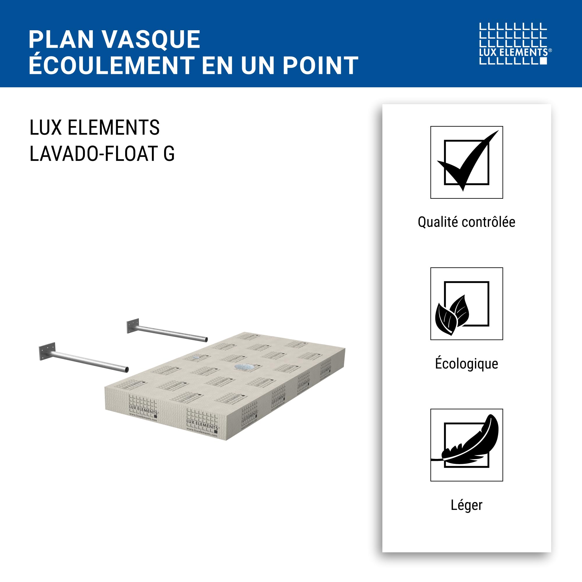 LUX ELEMENTS Plan de vasque suspendu prêt à carreler, 117 x 58,5 x 10 cm, LAVADO-FLOAT G LLAVE5001, gris